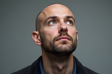 Obraz premium Caucasian male adult with beard looking upwards in thoughtful pose