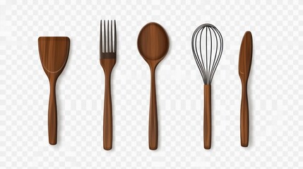Wooden kitchen utensils set, isolated on white background, food preparation, cooking tools