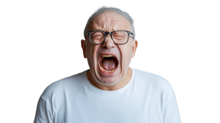Senior man shouting with transparent background: frustration and anger
