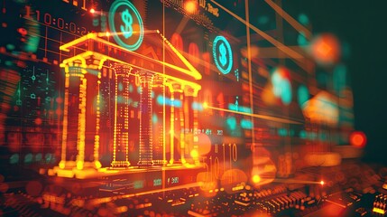 Glowing symbols and icons representing financial regulatory frameworks and compliance
