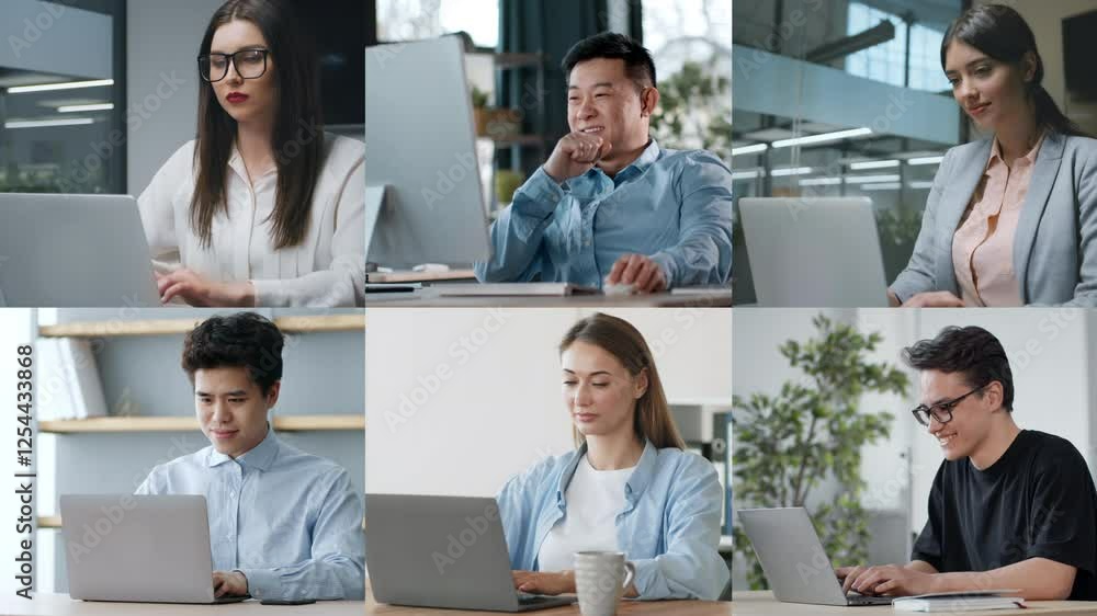 Poster a variety of individuals are focused on their laptops in different office environments, showcasing t