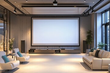 Fototapeta premium Modern office space with large screen, minimalist decor, soft lighting, perfect for workplace advertisements and corporate showcases.