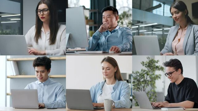 A variety of individuals are focused on their laptops in different office environments, showcasing the shift toward remote work. Each person displays concentration and productivity.