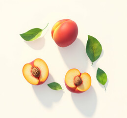 Arrangement of peaches cut in half and whole, decorated with fresh green leaves on a smooth creamy background creating a refreshing and vibrant composition