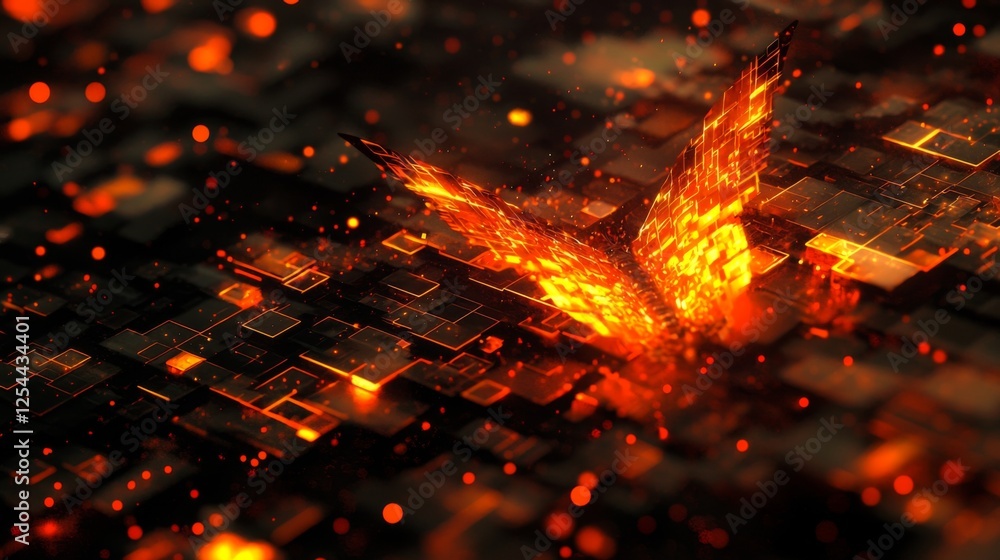 Poster abstract digital butterfly with fiery glow surrounded by geometric shapes and soft light effects