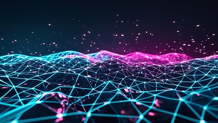 Abstract digital wave with glowing particles in vibrant purple and blue colors forming a futuristic AI-inspired background