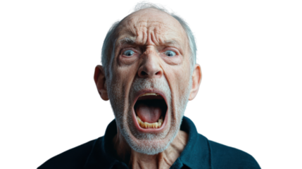 Senior man shouting with transparent background: expressing anger and frustration
