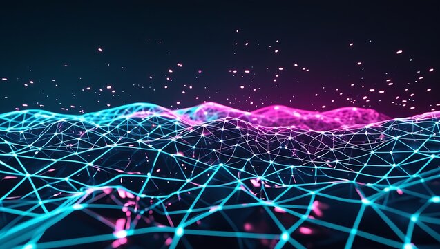 Abstract digital wave with glowing particles in vibrant purple and blue colors forming a futuristic AI-inspired background