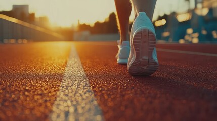 Detail of sprint runner's shoes on track with a blurred finish line in the background at sunset