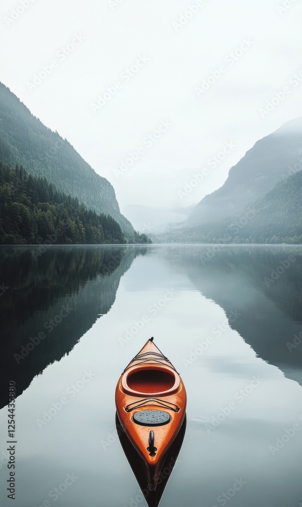 Aufkleber Lonely kayak resting on calm waters of a serene mountain lake at dawn with mist hovering over the landscape. Generative AI