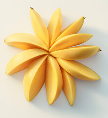 Mango Medley, A Symmetrical Still Life Depicting Tropical Fruit Slices Arranged in a Radial Pattern on a Soft, Neutral Background Surface