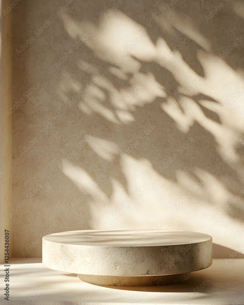 Poster sun-drenched minimalist display, elegant platform with botanical shadows for product showcase and se