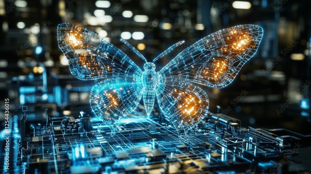 Aufkleber futuristic digital butterfly model displayed over circuit board in high-tech environment