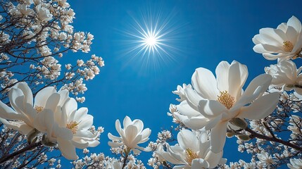 Bright white magnolia flowers under a clear blue sky with a radiant sun shining above