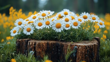 Vibrant daisies blooming atop a rustic tree stump in a lush, sunny meadow filled with wildflowers