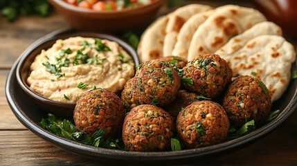 A delicious platter featuring crispy falafel balls, creamy hummus, and warm pita bread, garnished with fresh herbs. Perfect for showcasing Mediterranean flavors and healthy eating.