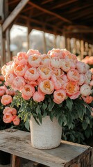 A vibrant bouquet of pink peonies in a rustic setting, showcasing nature's beauty in a floral shop