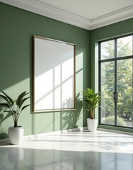 Modern Interior with Blank Frame, Plants and Natural Light Display Mockup