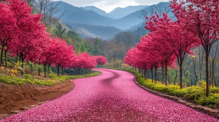 Serene pathway lined with vibrant pink cherry blossoms leading to distant mountains under a cloudy sky