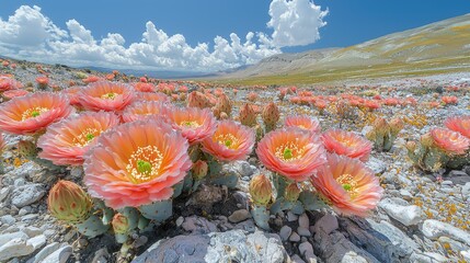 Vibrant pink cactus flowers bloom in a sunny desert landscape with fluffy clouds above