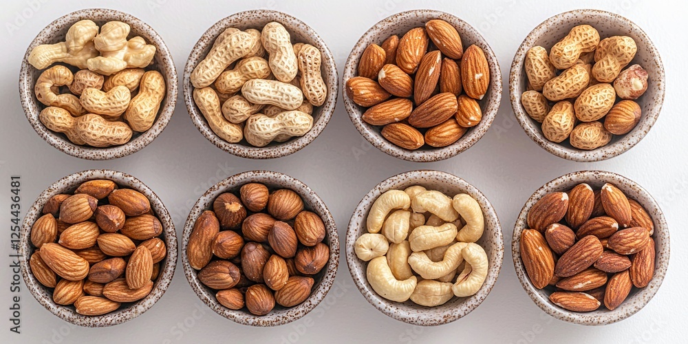 Poster healthy eating concepts. assorted nuts in bowls arranged neatly on a surface.