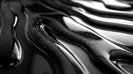 Smooth, flowing black liquid with shimmering particles, creating an abstract, artistic background
