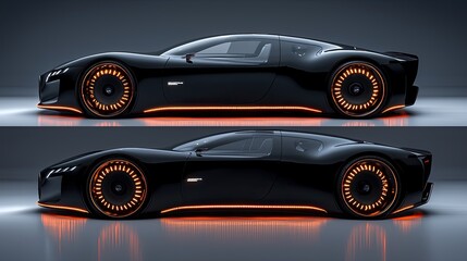 Sleek black futuristic car design with glowing orange accents showcased in a modern studio setting