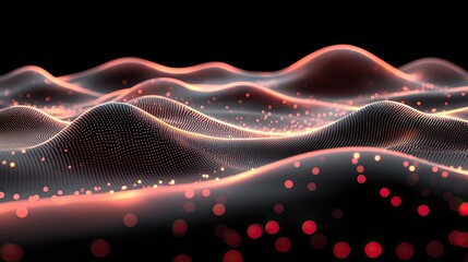 Abstract representation of flowing waves with glowing particles in a dark environment