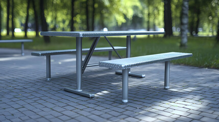 Metallic picnic arrangement offering enduring outdoor dining in park surroundings, promoting outdoor gathering and accessibility for communal relaxation under lush foliage