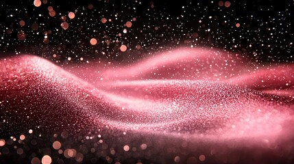 Shimmering pink waves of sparkling particles create a dreamy atmosphere against a dark background