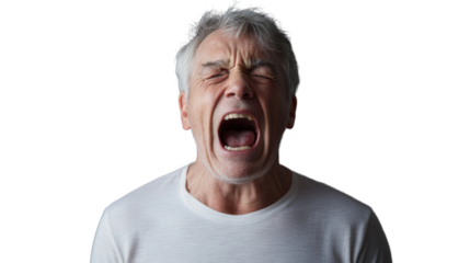 Senior man shouting with transparent background: expressing anger and frustration