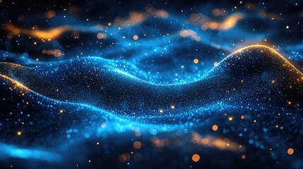 Vibrant abstract waves of blue and orange particles creating a dynamic digital landscape