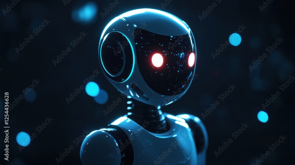 Poster glowing humanoid robot stands center stage amid a futuristic ambiance with captivating blue lights. 
