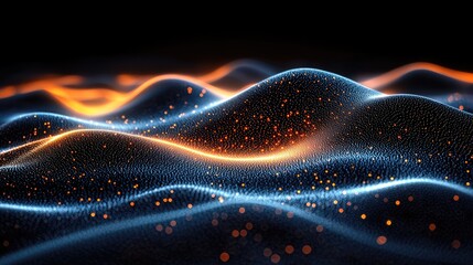 Abstract representation of glowing waves with particles in a dark environment, showcasing movement