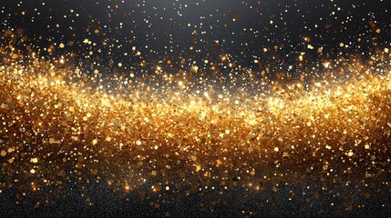 Glimmering golden particles create a festive atmosphere against a dark background