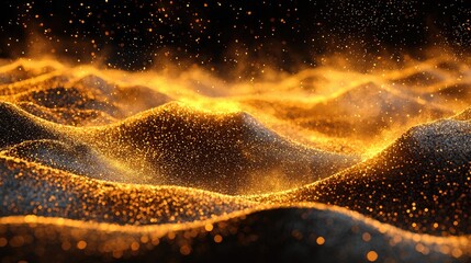 Abstract golden particles forming waves of shimmering light against a dark background