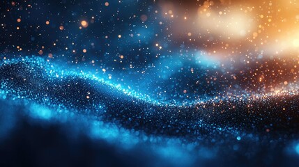 Abstract shimmering waves of blue and orange particles create a mesmerizing visual effect