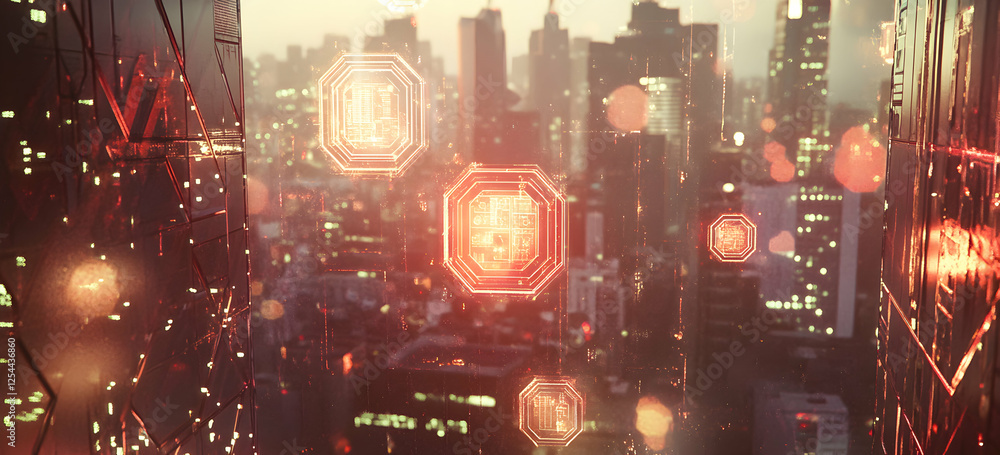 Aufkleber digital cityscape, futuristic metropolis with integrated data visualization and glowing octagonal in