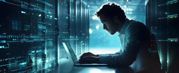 Focused technologist navigating digital infrastructure with immersive data overlay, shaping future tech landscapes and solutions within server room