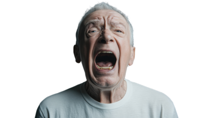 Senior man shouting with transparent background: expressing fury and emotion