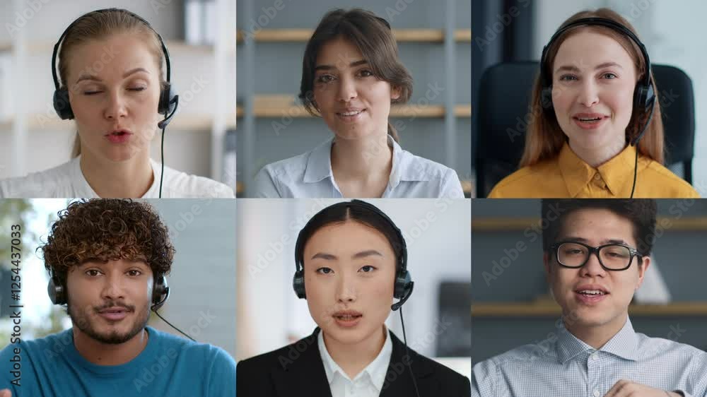 Poster a virtual meeting featuring six individuals from diverse backgrounds, all wearing headsets. they eng