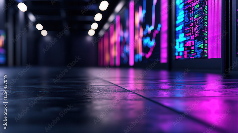 Poster digital marketplace showcasing advanced technology with vibrant colors and data visualizations. atmo
