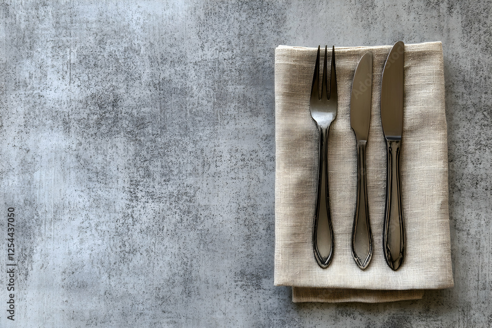Poster elegant dining arrangement, fork and knives neatly placed on a neutral-toned linen napkin against a 