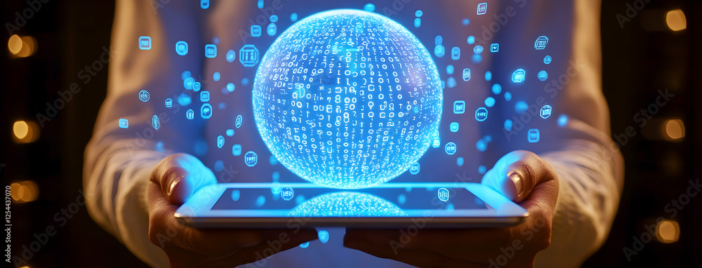 Poster illuminating data, hands holding a tablet displaying a glowing orb of information, representing digi