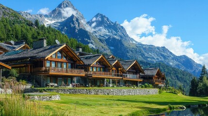 Obraz premium A resort lodge at the foot of a mountain, offering breathtaking views.