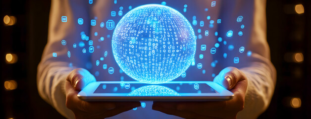 Illuminating Data, Hands Holding a Tablet Displaying a Glowing Orb of Information, representing digital connectivity and advanced technological interface
