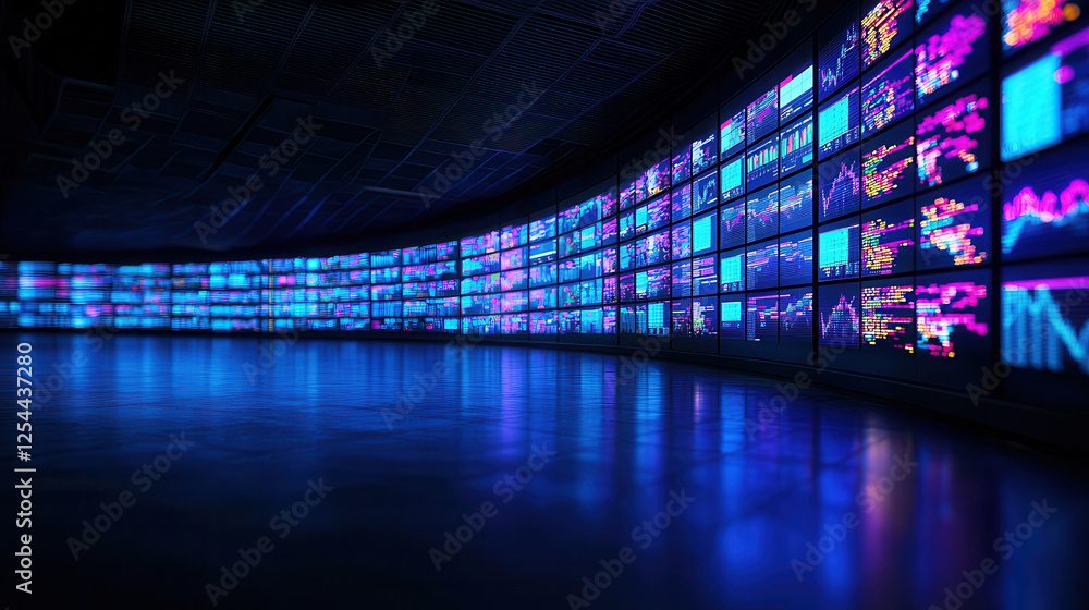 Poster futuristic digital marketplace with vibrant screens displaying data and analytics. blue lighting cre
