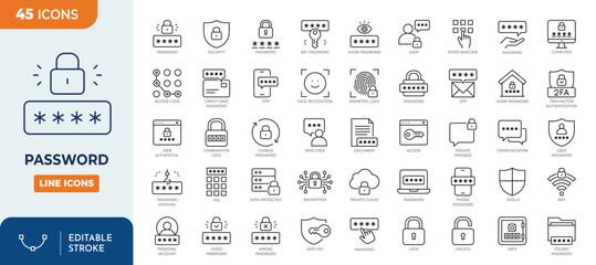 Password icon set. Containing login, access, secure, passcode, encryption, code, 2FA, fingerprint and more. Outline Icon Collection. Vector illustration. Editable stroke