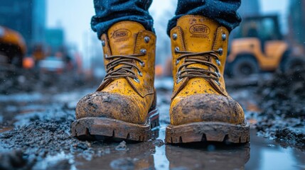 Mud Covered Yellow Work Boots on Construction Site Closeup