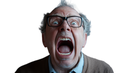 Senior man shouting with transparent background: expressing fury and emotion